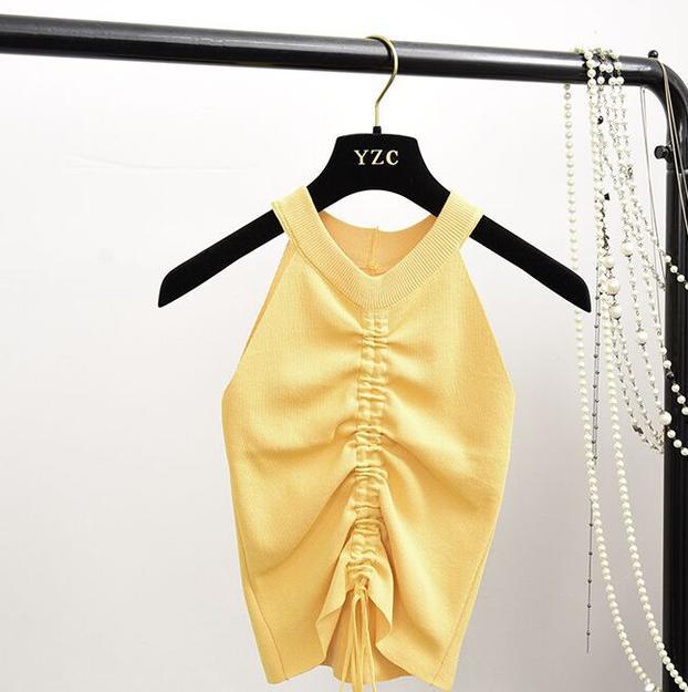 Sexy V Neck Drawstring Ruched Crop Top Women 2020 Summer High Stretch Knit Sleeveless Camisole Tops Streetwear Slim Tank Tops