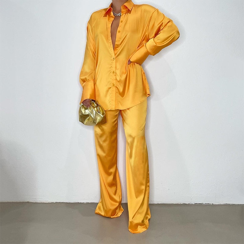 Women's Elegant Satin Tracksuit Female Long Sleeve Shirt And Wide Leg Straight Pants Sleepwear Two Piece Set 2022 Summer Outfits