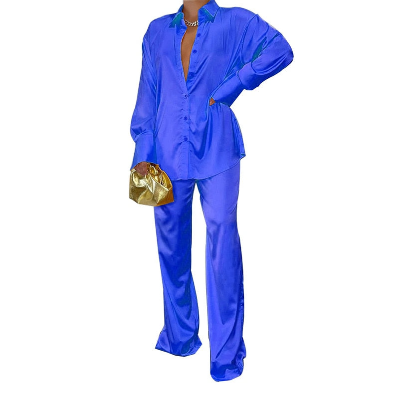 Women's Elegant Satin Tracksuit Female Long Sleeve Shirt And Wide Leg Straight Pants Sleepwear Two Piece Set 2022 Summer Outfits