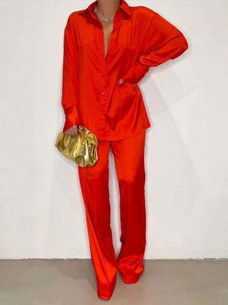Women's Elegant Satin Tracksuit Female Long Sleeve Shirt And Wide Leg Straight Pants Sleepwear Two Piece Set 2022 Summer Outfits
