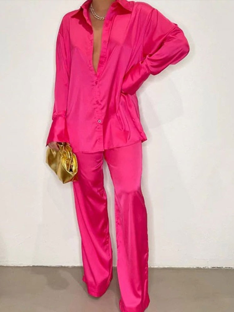 Women's Elegant Satin Tracksuit Female Long Sleeve Shirt And Wide Leg Straight Pants Sleepwear Two Piece Set 2022 Summer Outfits