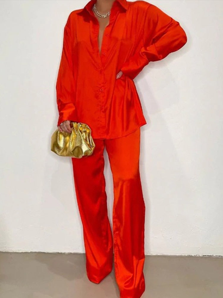 Women's Elegant Satin Tracksuit Female Long Sleeve Shirt And Wide Leg Straight Pants Sleepwear Two Piece Set 2022 Summer Outfits