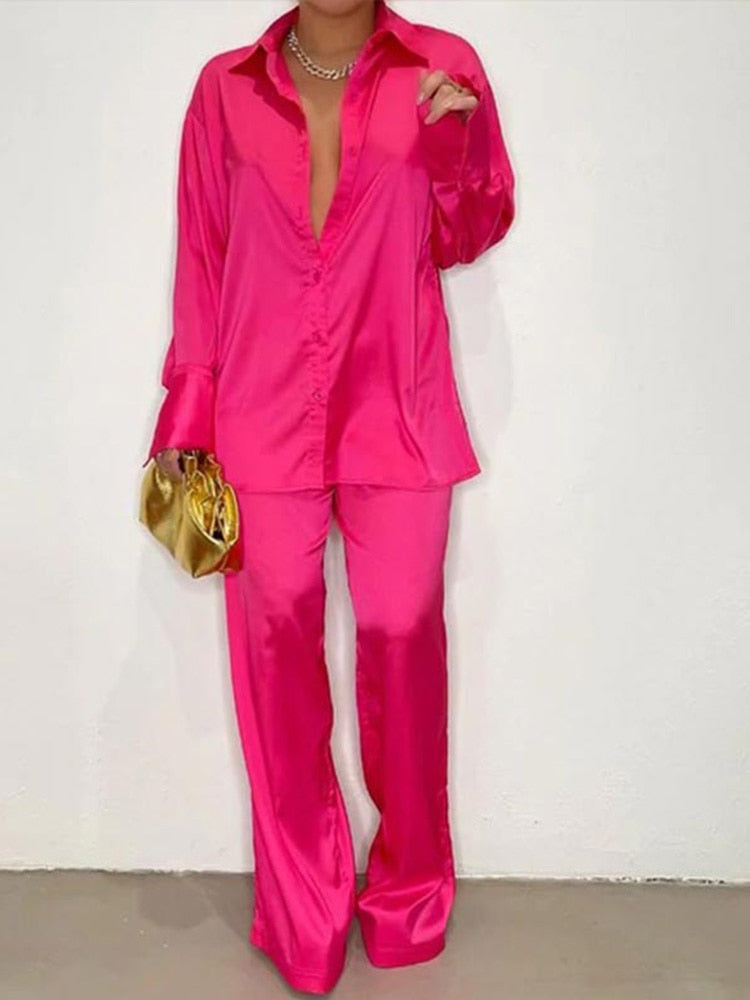 Women's Elegant Satin Tracksuit Female Long Sleeve Shirt And Wide Leg Straight Pants Sleepwear Two Piece Set 2022 Summer Outfits