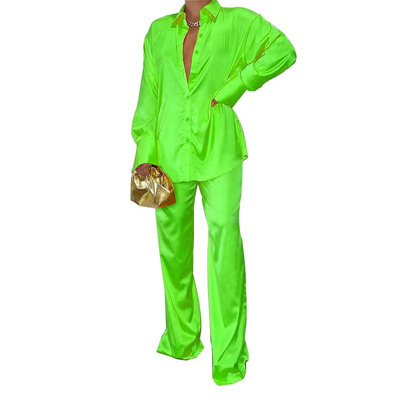 Women's Elegant Satin Tracksuit Female Long Sleeve Shirt And Wide Leg Straight Pants Sleepwear Two Piece Set 2022 Summer Outfits