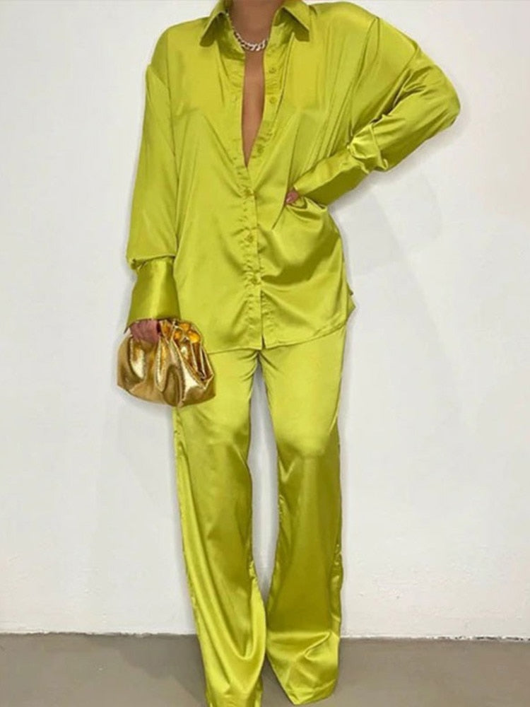Women's Elegant Satin Tracksuit Female Long Sleeve Shirt And Wide Leg Straight Pants Sleepwear Two Piece Set 2022 Summer Outfits