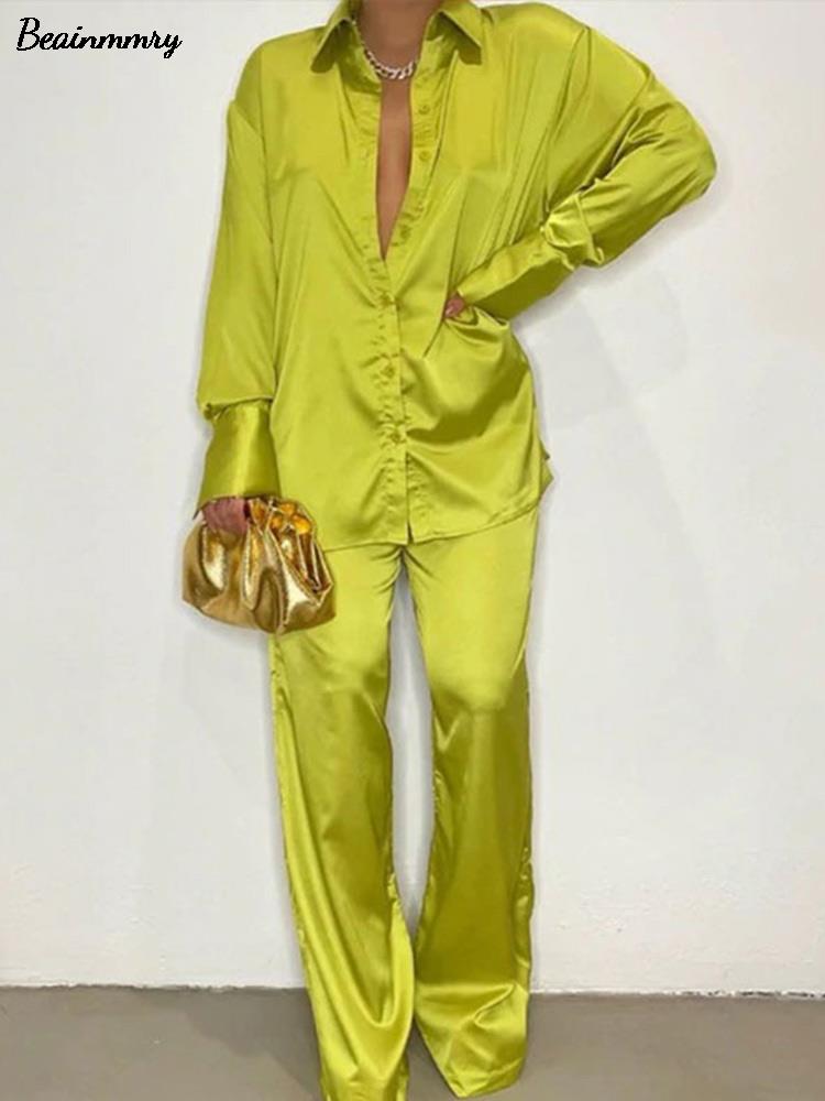 Women's Elegant Satin Tracksuit Female Long Sleeve Shirt And Wide Leg Straight Pants Sleepwear Two Piece Set 2022 Summer Outfits