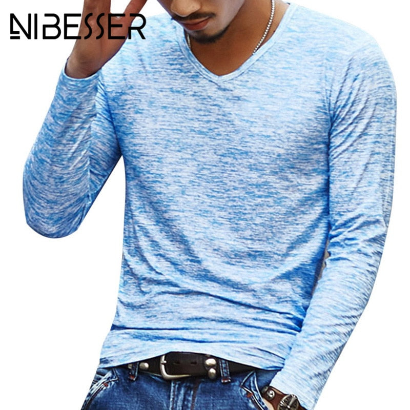 2019 Autumn Slim Streetwear V neck T Shirt Men Casual Fitness Tops&Tees Vintage Blue Long Sleeve Pullover shirt Homme Plus Size