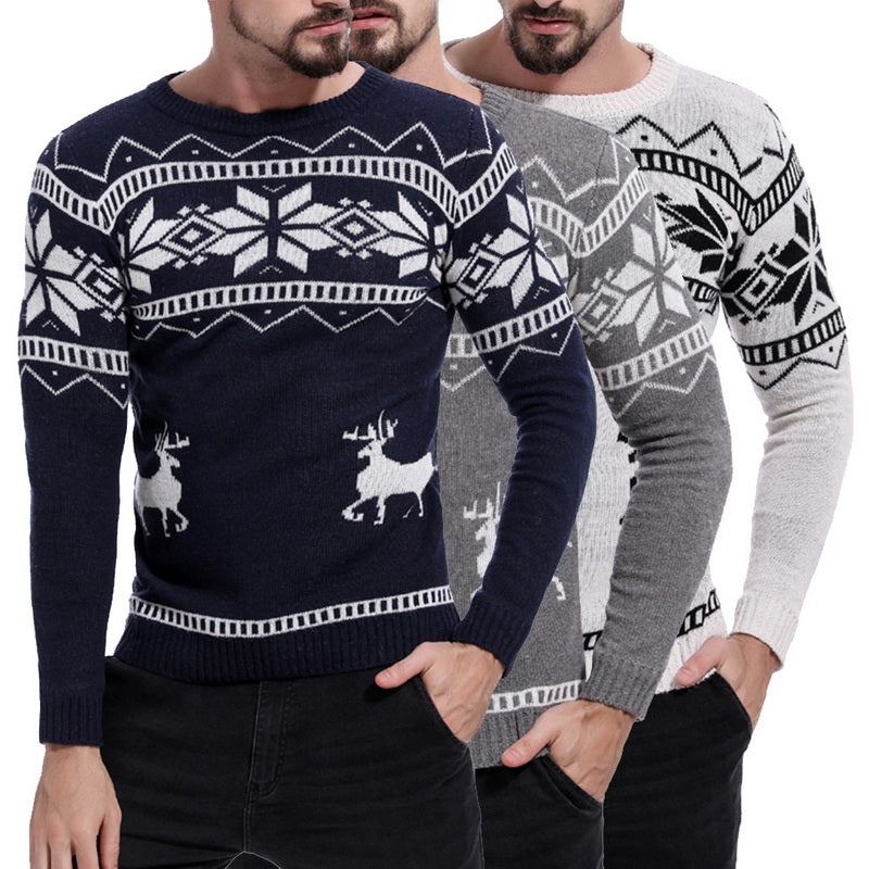 Vertvie Mens Causal O Neck Sweater Deer Printed Autumn Winter Christmas Pullover Knitted Jumper Sweaters Slim Fit Male Clothes