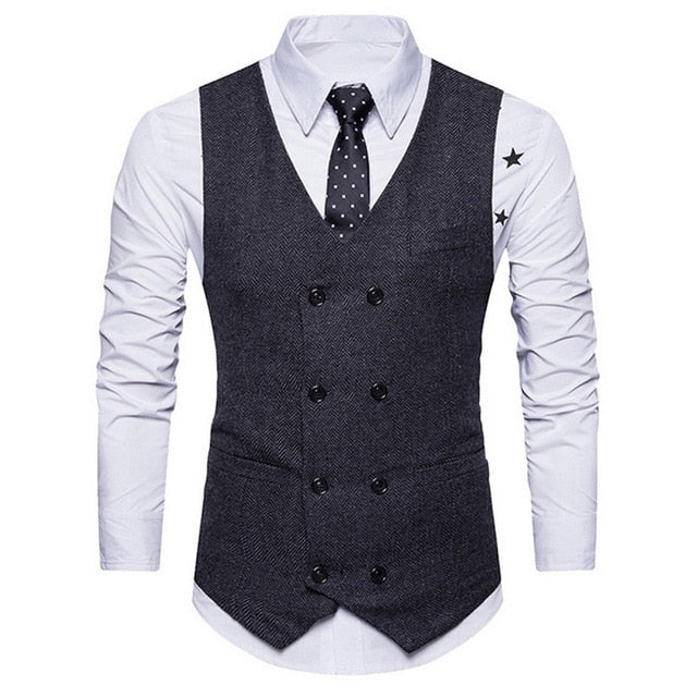 Puimentiua Men Spring Autumn Men's Fashion Vintage Double-breasted Suit Vest New Sleeveless Business Party Slim Fit Waistcoat