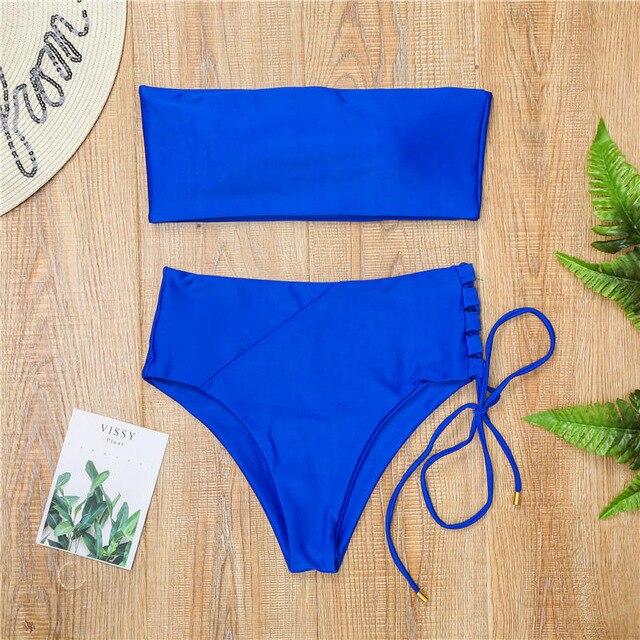 Solid Bikini Swimsuit Women Beachwear Set 2019 High Waist Bandage Sexy Off Shoulder Swimming Bathing Suit Female Mujer Biquini
