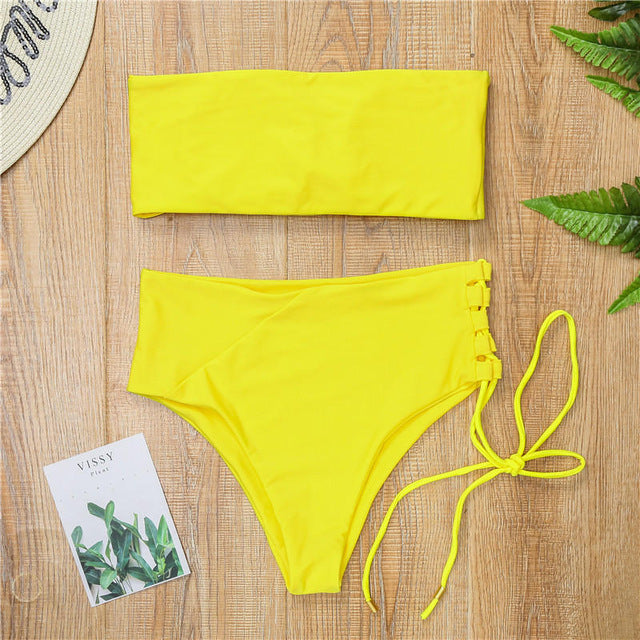 Solid Bikini Swimsuit Women Beachwear Set 2019 High Waist Bandage Sexy Off Shoulder Swimming Bathing Suit Female Mujer Biquini