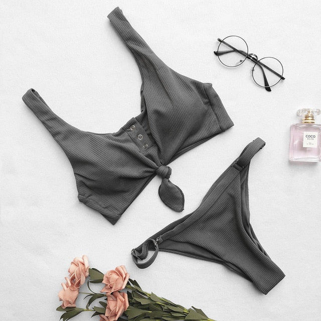 Sexy Knotted Scoop Ribbed Women Bikini Set 2019 Solid Button Bathing Suit Tankini Push Up Maillot De Bain Swimsuit