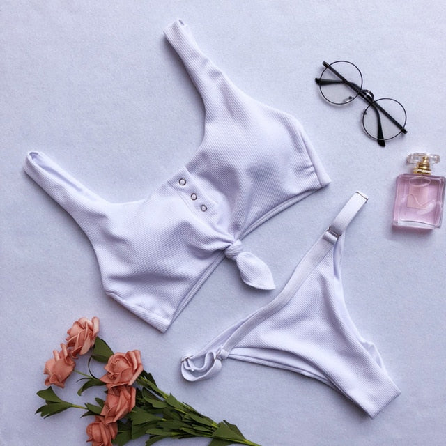 Sexy Knotted Scoop Ribbed Women Bikini Set 2019 Solid Button Bathing Suit Tankini Push Up Maillot De Bain Swimsuit