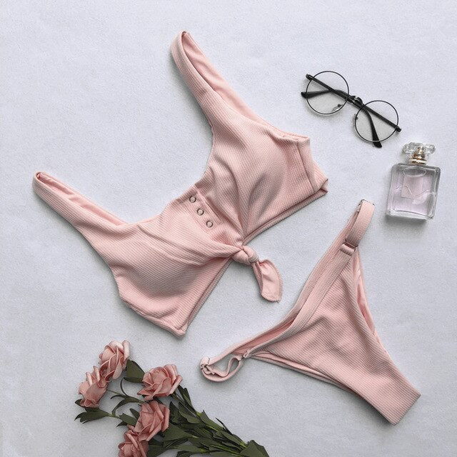 Sexy Knotted Scoop Ribbed Women Bikini Set 2019 Solid Button Bathing Suit Tankini Push Up Maillot De Bain Swimsuit
