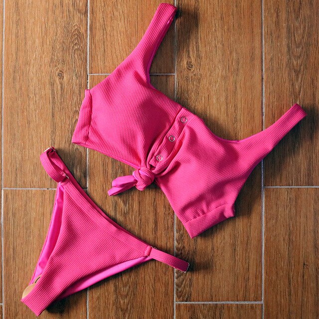 Sexy Knotted Scoop Ribbed Women Bikini Set 2019 Solid Button Bathing Suit Tankini Push Up Maillot De Bain Swimsuit