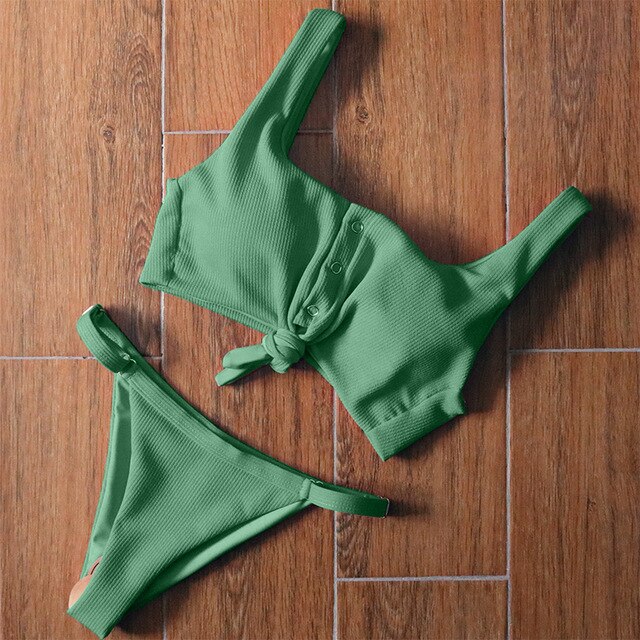 Sexy Knotted Scoop Ribbed Women Bikini Set 2019 Solid Button Bathing Suit Tankini Push Up Maillot De Bain Swimsuit