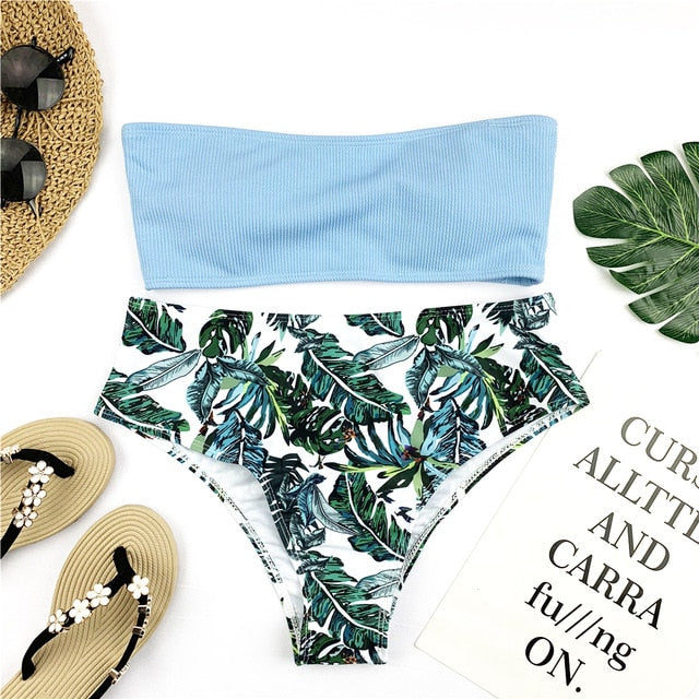 Sexy Bandeau Bikini Set Women Floral Print Swimwear Push Up Swimsuit Brazilian Biquini Pink Bikinis Pad Bathing Suit Beachwear