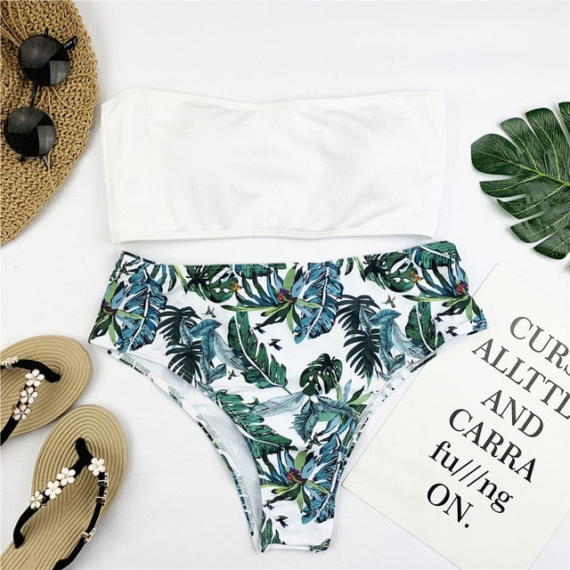 Sexy Bandeau Bikini Set Women Floral Print Swimwear Push Up Swimsuit Brazilian Biquini Pink Bikinis Pad Bathing Suit Beachwear