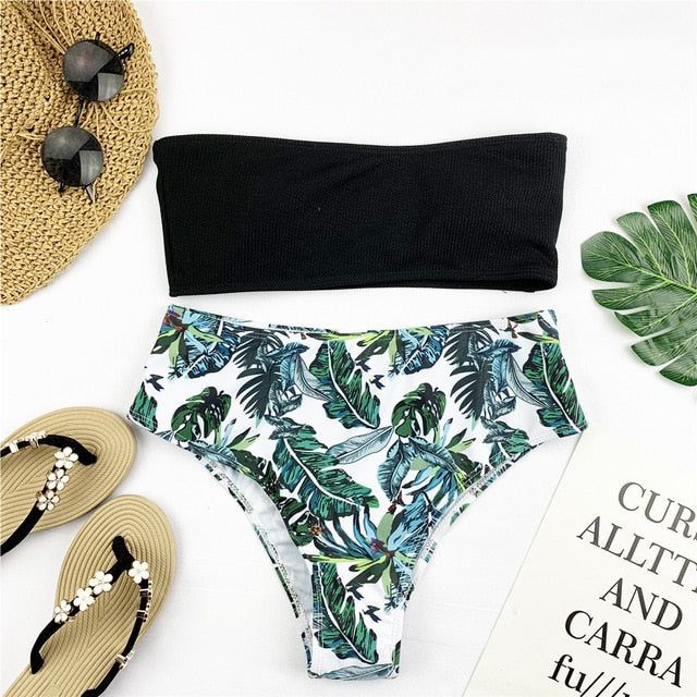 Sexy Bandeau Bikini Set Women Floral Print Swimwear Push Up Swimsuit Brazilian Biquini Pink Bikinis Pad Bathing Suit Beachwear