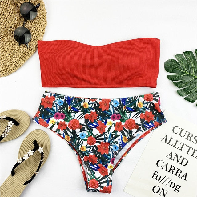 Sexy Bandeau Bikini Set Women Floral Print Swimwear Push Up Swimsuit Brazilian Biquini Pink Bikinis Pad Bathing Suit Beachwear