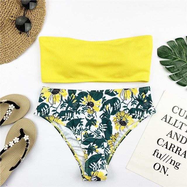 Sexy Bandeau Bikini Set Women Floral Print Swimwear Push Up Swimsuit Brazilian Biquini Pink Bikinis Pad Bathing Suit Beachwear