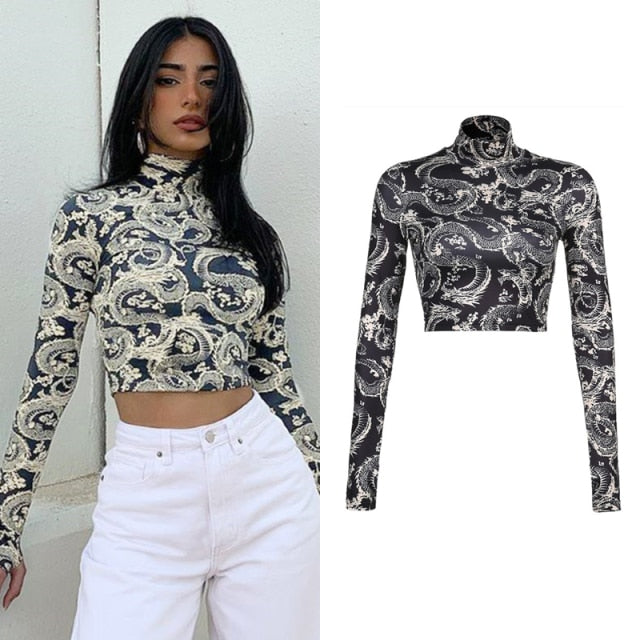 Dragon Flaming Print Patchwork Mesh Sleeve T-shirt Women Gothic Harajuku Girls Black Long Sleeve Boyfriend Top Tees Iamhotty