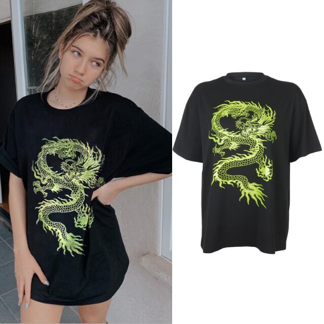 Dragon Flaming Print Patchwork Mesh Sleeve T-shirt Women Gothic Harajuku Girls Black Long Sleeve Boyfriend Top Tees Iamhotty