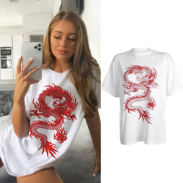 Dragon Flaming Print Patchwork Mesh Sleeve T-shirt Women Gothic Harajuku Girls Black Long Sleeve Boyfriend Top Tees Iamhotty