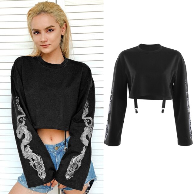 Dragon Flaming Print Patchwork Mesh Sleeve T-shirt Women Gothic Harajuku Girls Black Long Sleeve Boyfriend Top Tees Iamhotty