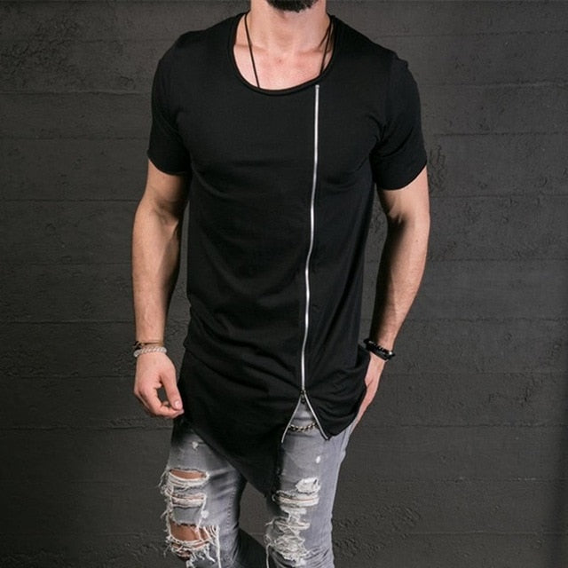 New Fashion Asymmetrical Men Long T shirt Side Zipper O Neck Short Sleeve T-Shirt Hip Hip Tops Tee Long middle zipper tshirt