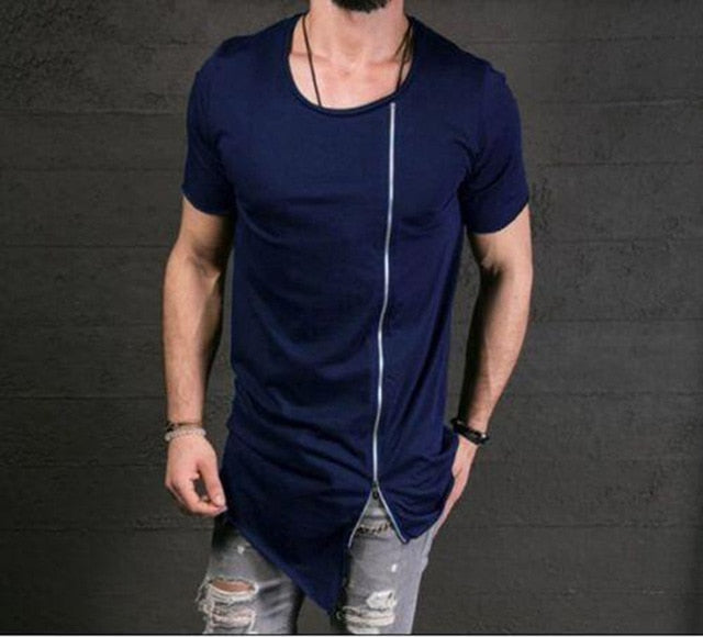 New Fashion Asymmetrical Men Long T shirt Side Zipper O Neck Short Sleeve T-Shirt Hip Hip Tops Tee Long middle zipper tshirt