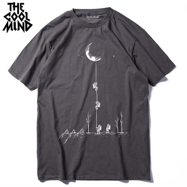 COOLMIND 100% cotton casual short sleeve moon theam men T shirt o-neck knitted comfortable fabric street style men t-shirt