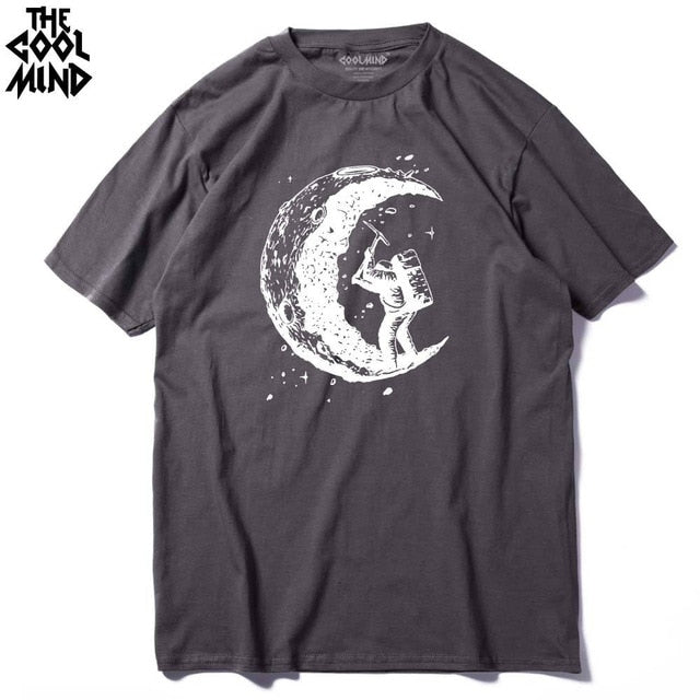 COOLMIND 100% cotton casual short sleeve moon theam men T shirt o-neck knitted comfortable fabric street style men t-shirt