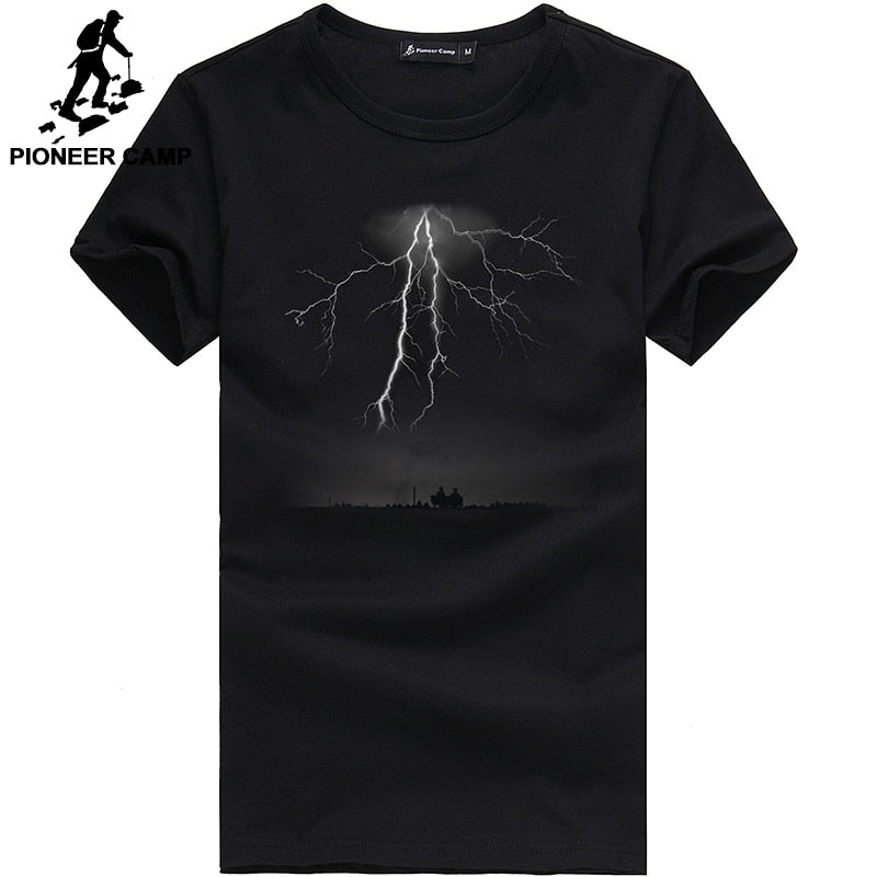 Pioneer Camp Lightning Printed tees Men Black T Shirt Men Fashion men Casual brand Clothing Cotton T-shirt 405043