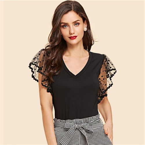 SHEIN Vintage Black Dot Contrast Mesh Sleeve V Neck Plain Tee T-shirt Women Summer Elegant Solid Short Sleeve Tshirt Tops