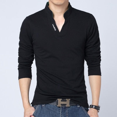 2018 T-Shirt Men Spring Cotton T Shirt Men Solid Color Tshirt Mandarin Collar Long Sleeve Top Men Brand Slim Fit Tee Shirts 5XL