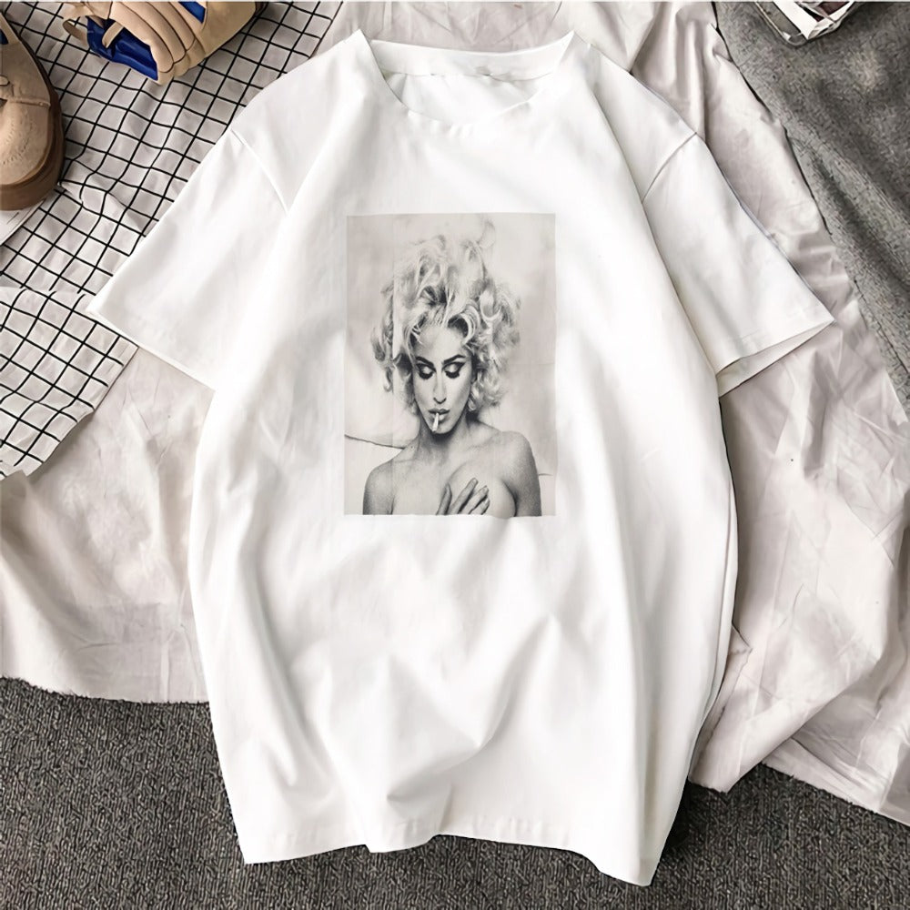 Fashion Short Sleeve T Shirt Madonna Black and White Art Printed 100% Cotton Top Tees Casual O Neck T-Shirt Unisex TShirt