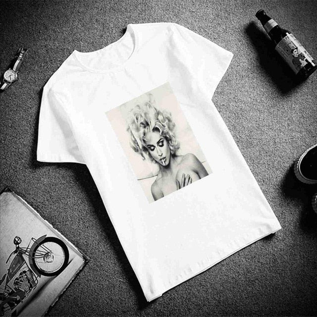 Fashion Short Sleeve T Shirt Madonna Black and White Art Printed 100% Cotton Top Tees Casual O Neck T-Shirt Unisex TShirt