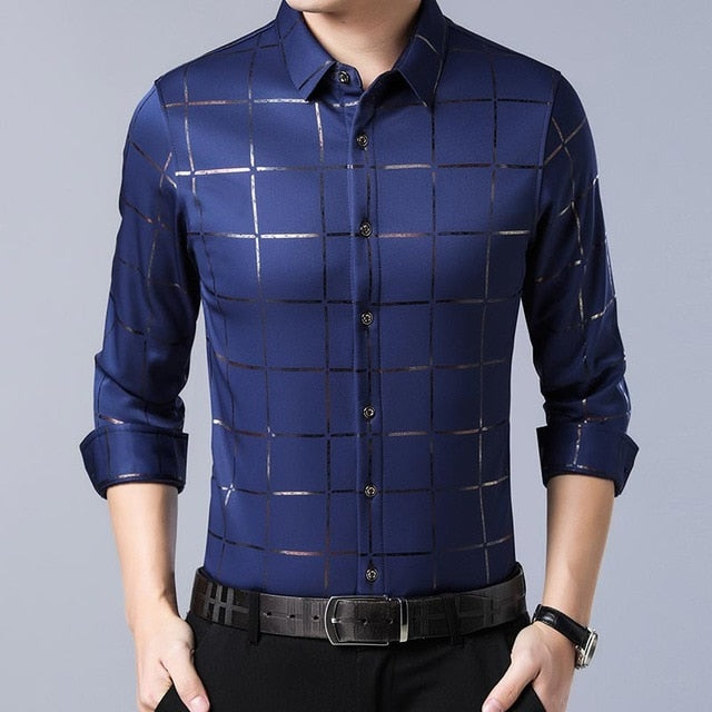 2019 brand casual spring luxury plaid long sleeve slim fit men shirt streetwear social dress shirts mens fashions jersey 2309