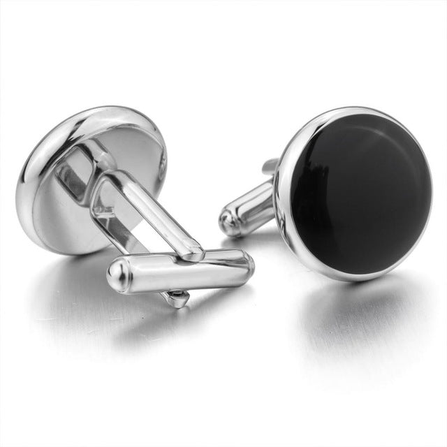 Showing shirt Men Business Rhodium-Plated Enamel Cufflinks Black Gold-Tone Stud Set Tuxedo