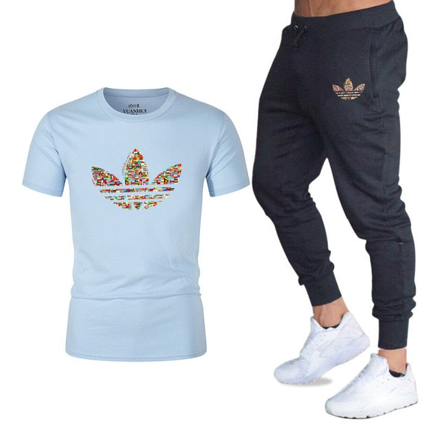 new adi brand men's casual suit T-shirt + pants two-piece casual sportswear men's T-shirt men's classic gyms fitness trousers