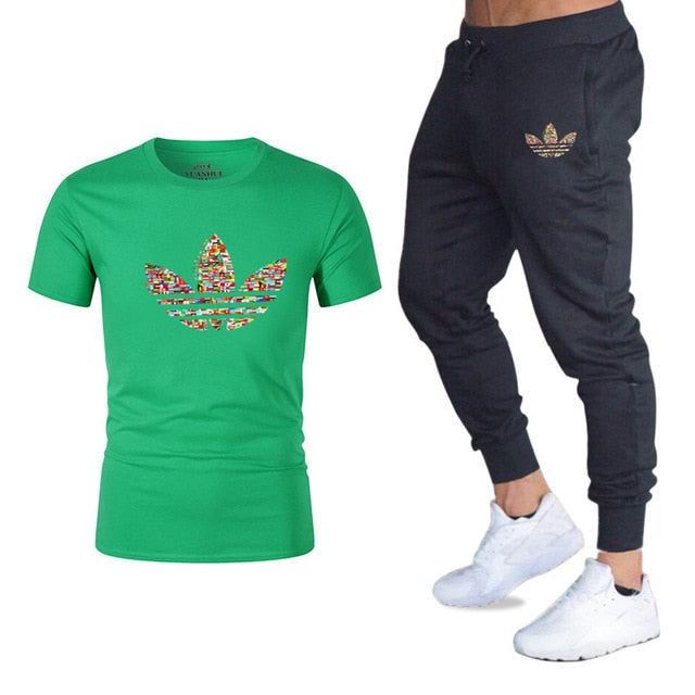 new adi brand men's casual suit T-shirt + pants two-piece casual sportswear men's T-shirt men's classic gyms fitness trousers