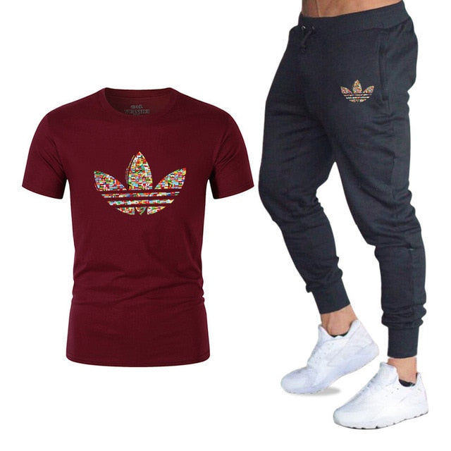 new adi brand men's casual suit T-shirt + pants two-piece casual sportswear men's T-shirt men's classic gyms fitness trousers
