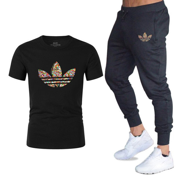 new adi brand men's casual suit T-shirt + pants two-piece casual sportswear men's T-shirt men's classic gyms fitness trousers