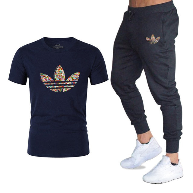 new adi brand men's casual suit T-shirt + pants two-piece casual sportswear men's T-shirt men's classic gyms fitness trousers