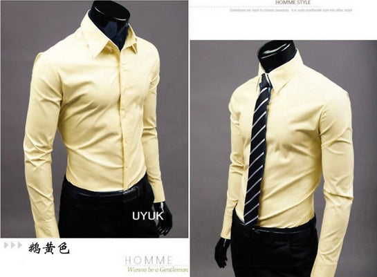 New Men Dress Shirt Turn-Down Collar Unique Neckline Fashion Solid Color Slim Fit Long Sleeve Man Shirt
