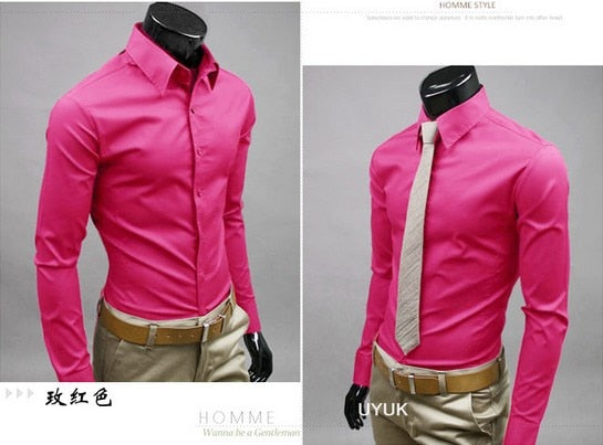 New Men Dress Shirt Turn-Down Collar Unique Neckline Fashion Solid Color Slim Fit Long Sleeve Man Shirt