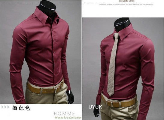 New Men Dress Shirt Turn-Down Collar Unique Neckline Fashion Solid Color Slim Fit Long Sleeve Man Shirt