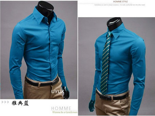 New Men Dress Shirt Turn-Down Collar Unique Neckline Fashion Solid Color Slim Fit Long Sleeve Man Shirt