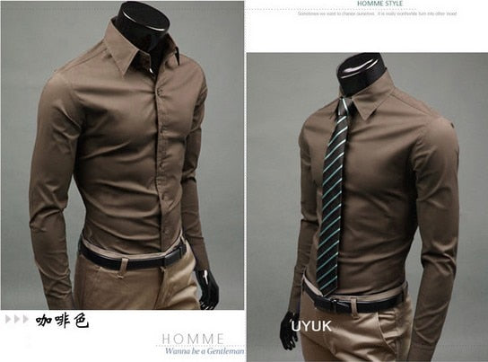New Men Dress Shirt Turn-Down Collar Unique Neckline Fashion Solid Color Slim Fit Long Sleeve Man Shirt